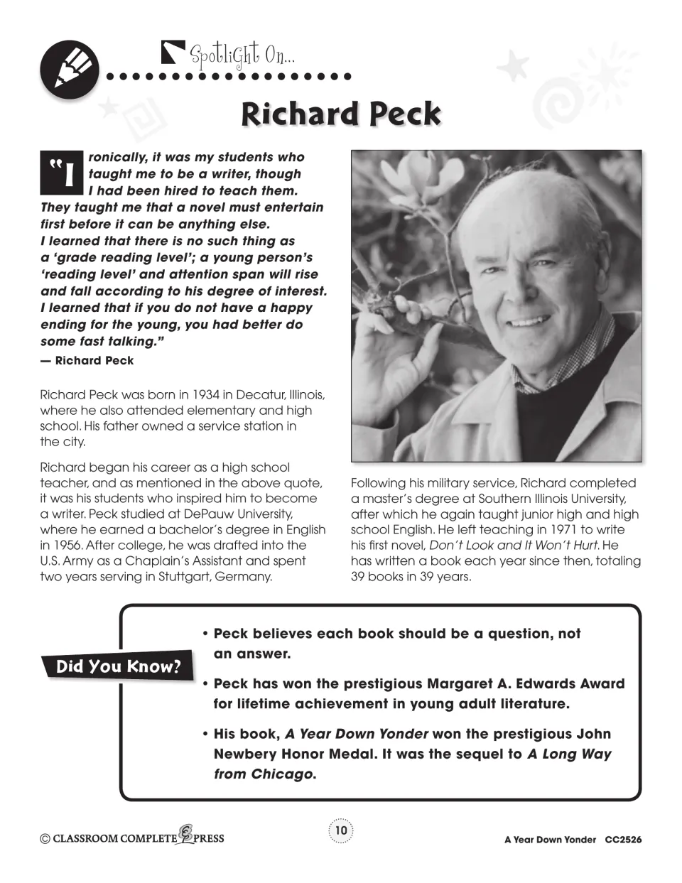 Spotlight on author Richard Peck: a quote on learning to write from his students, photo, biography and facts