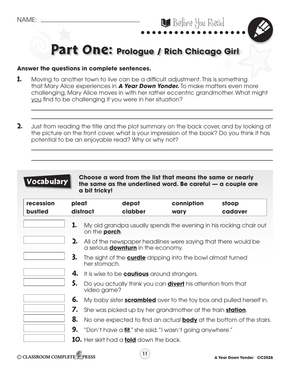Part One: Prologue / Rich Chicago Girl, two Before You Read questions and 10 vocabulary synonym sentences