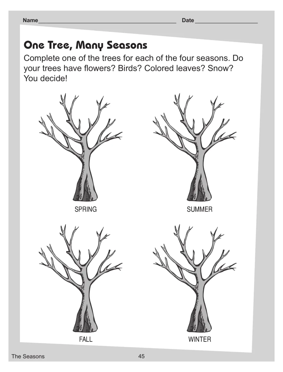 One Tree, Many Seasons: students complete four bare trees labeled spring, summer, fall and winter