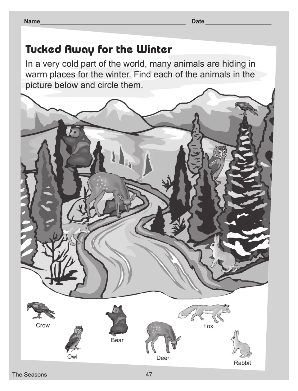 Tucked Away for the Winter: circle the crow, owl, bear, deer, fox and rabbit hiding in a snowy forest scene