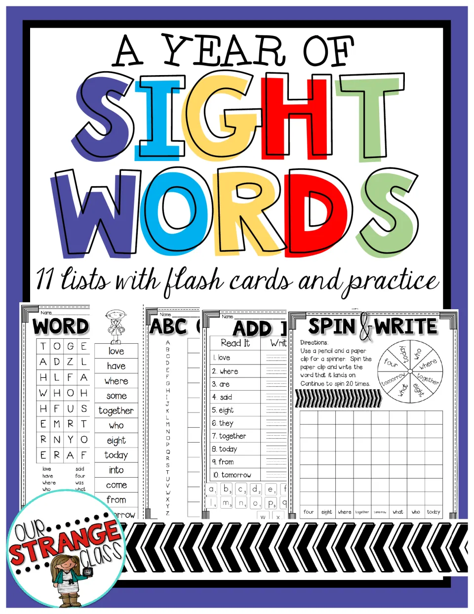A Year of Sight Words cover announcing 11 lists with flash cards and practice, with sample activities