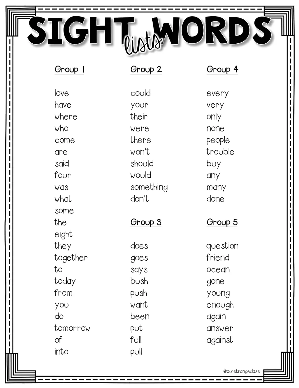 Sight-word reference lists for Groups 1–5, including love, could, does, every, and question