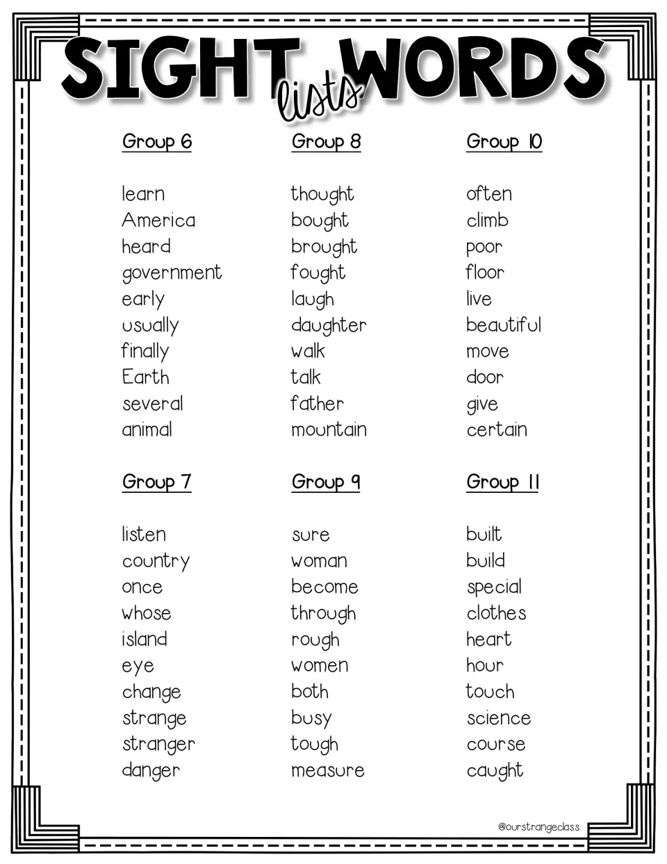 Sight-word reference lists for Groups 6–11, including learn, listen, thought, sure, often, and built