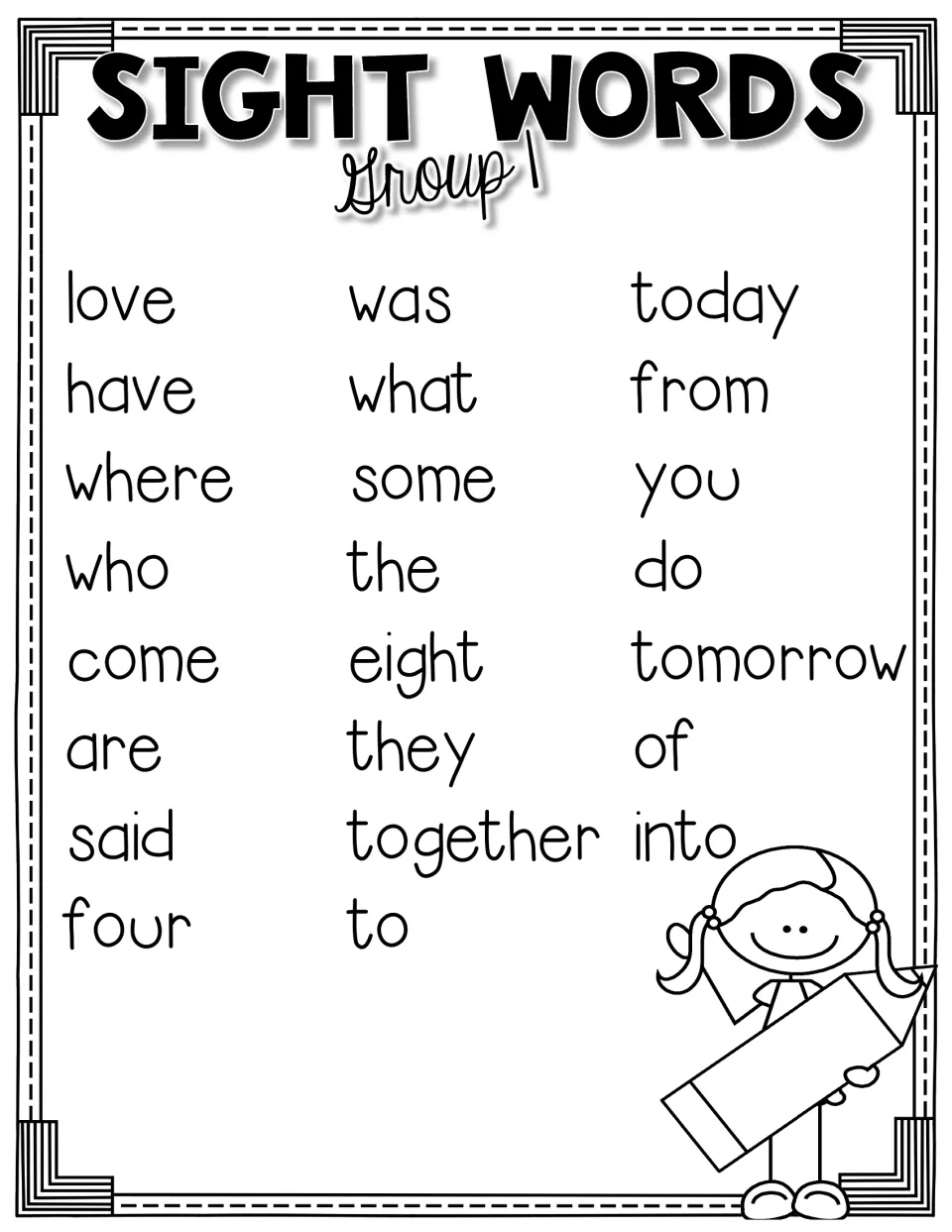 Group 1 sight-word list containing 23 words, including love, have, where, together, tomorrow, and into