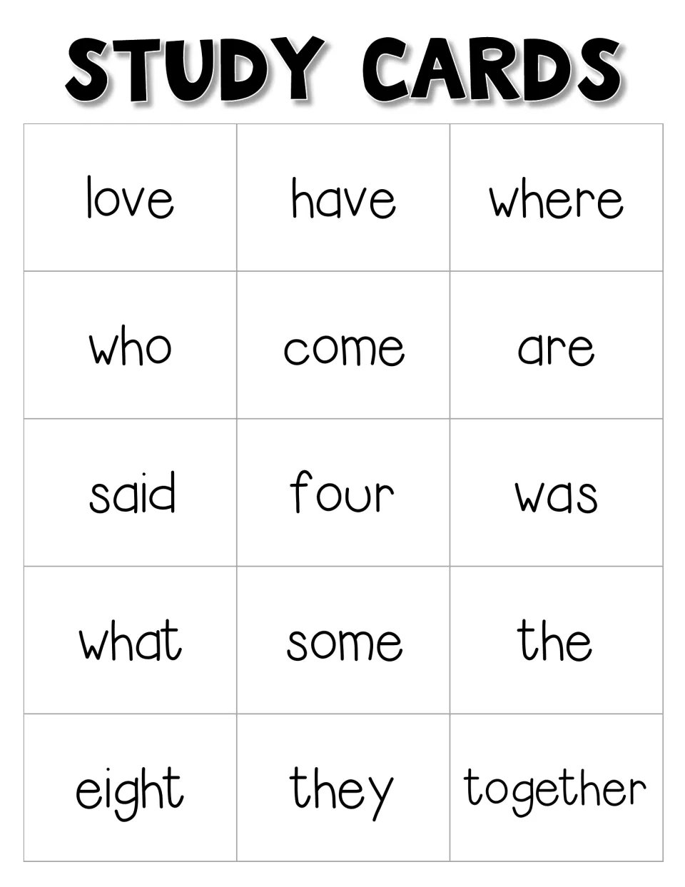 Group 1 study cards for 15 sight words, including love, have, where, who, come, are, and together