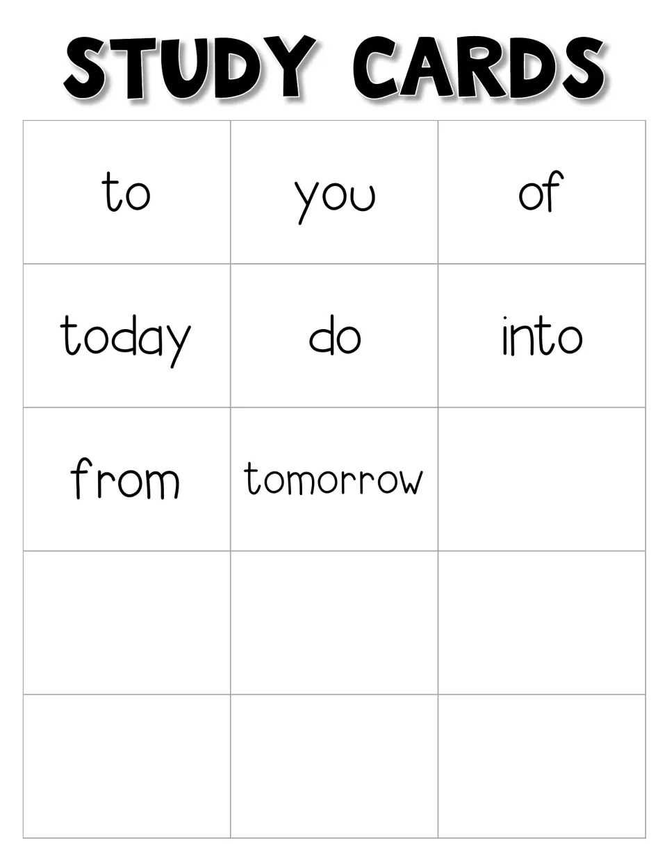 Group 1 study cards for the remaining eight words: to, you, of, today, do, into, from, and tomorrow