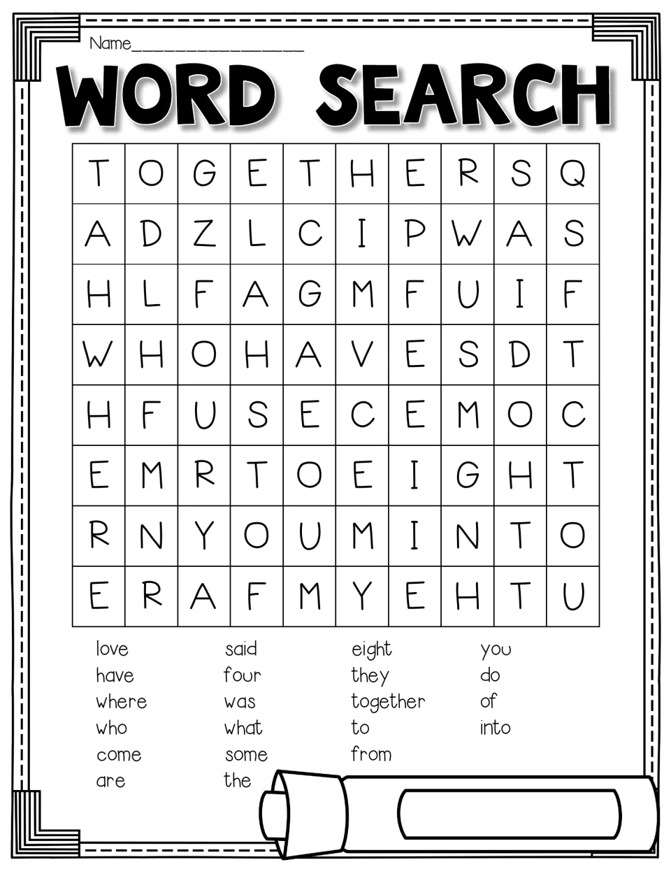 Group 1 word search with 21 sight words to find, including love, have, where, together, eight, and into