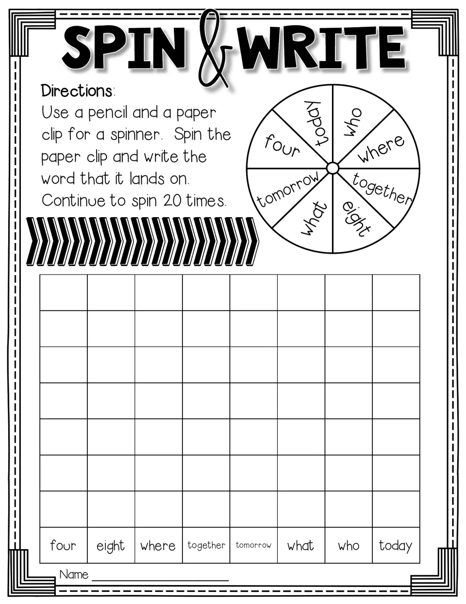 Group 1 Spin & Write activity: spin 20 times and write words including four, eight, where, and together
