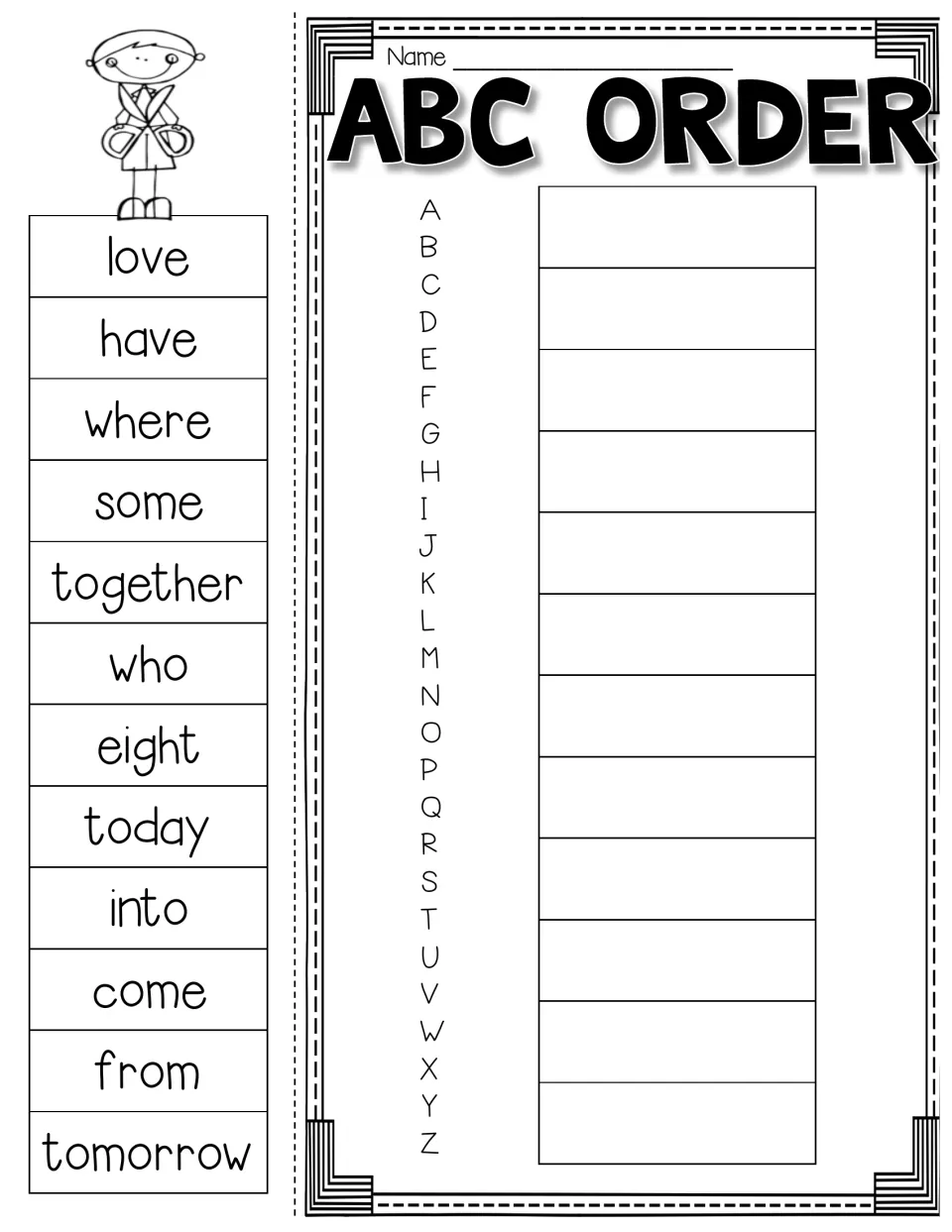 Group 1 ABC Order activity with 12 word cutouts, including love, have, where, some, together, and who