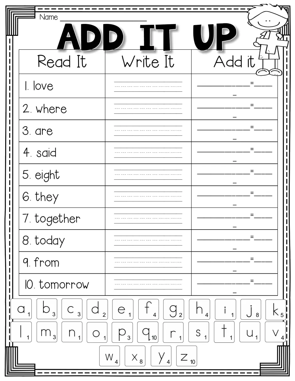 Group 1 Add It Up activity: read and write 10 sight words, then add their letter values using the key