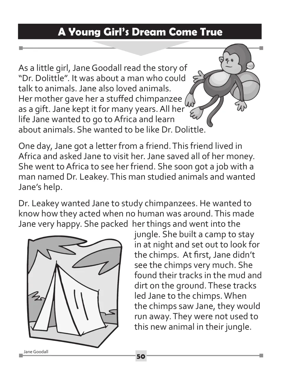 Jane Goodall biography reading, part 1: childhood love of animals, trip to Africa, work for Dr. Leakey and chimp tracking