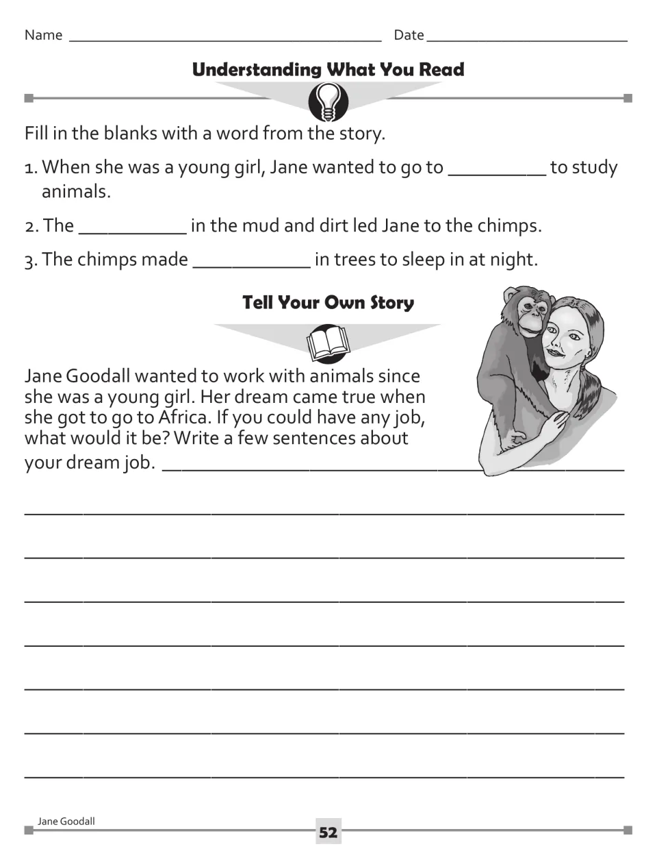 Reading comprehension on Jane Goodall: students fill in 3 story blanks, then write sentences about their own dream job