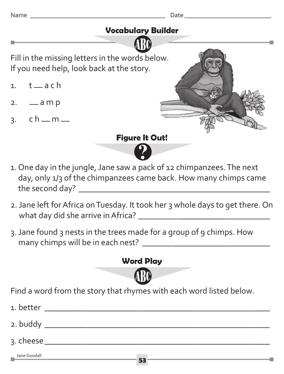 Chimp-themed practice: missing-letter spelling words, 3 math word problems on fractions, days and division, and rhymes