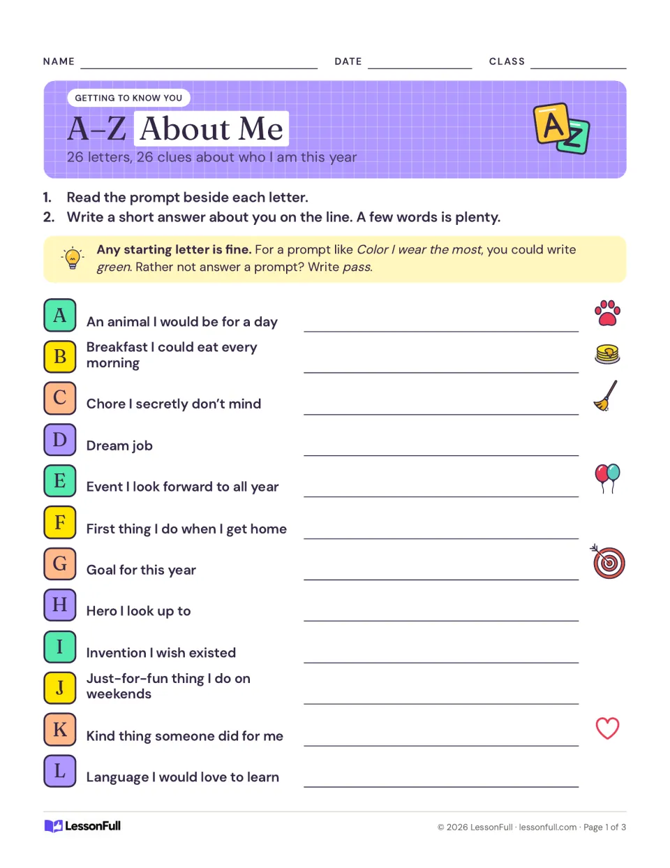 Alphabet introduction chart, A–L: an animal I would be for a day, dream job, goal for this year, and nine more.