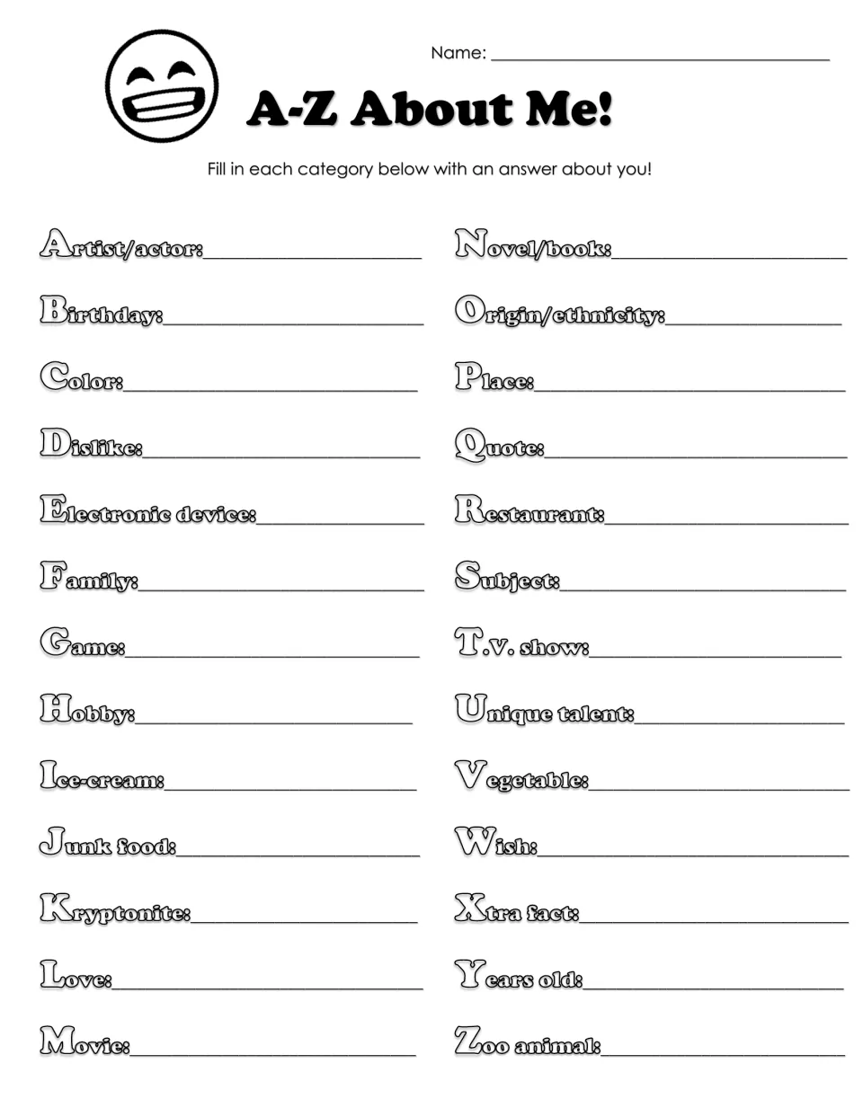Alphabet about-me survey, US spelling (Colour): students fill in 26 prompts such as Hobby, Unique talent and Years old