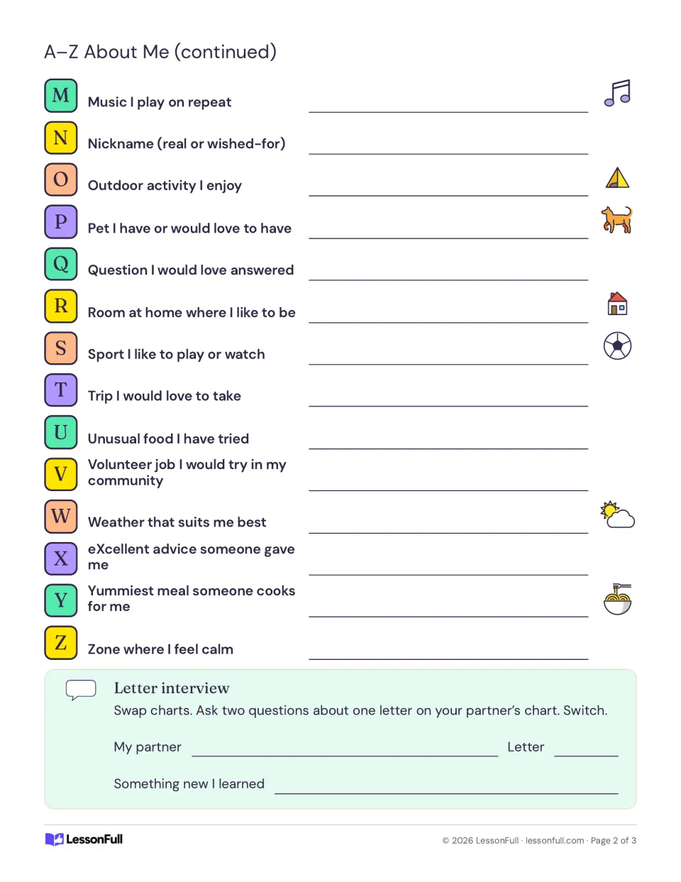 Alphabet introduction chart, M–Z: music I play on repeat and 13 more prompts, plus a partner letter interview.