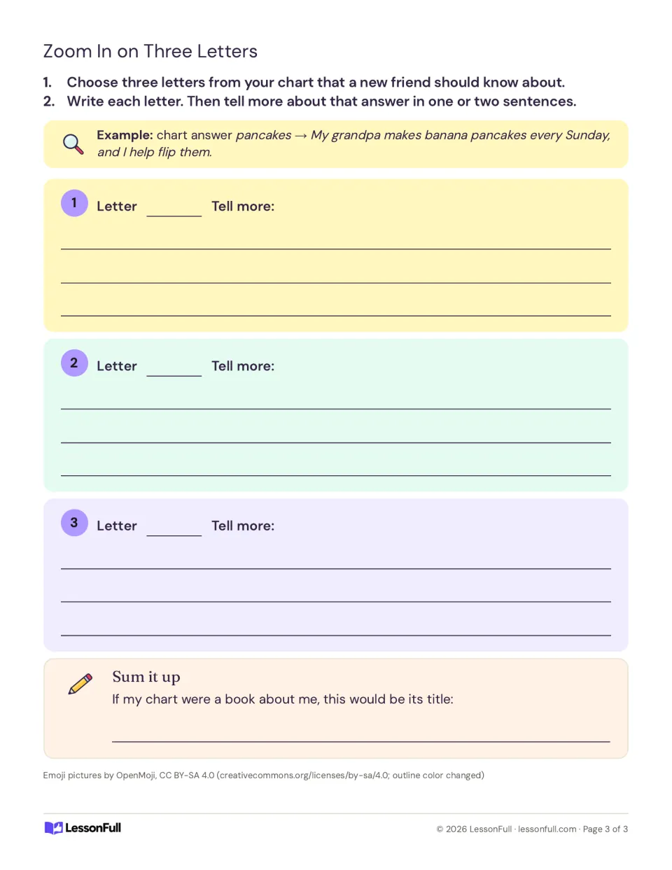 Follow-up writing: choose three letters from your chart, expand each answer, and give your chart a book title.