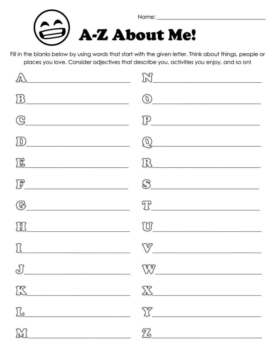 Alphabet self-description: students write a word for each letter A to Z about things, people, places or traits they love