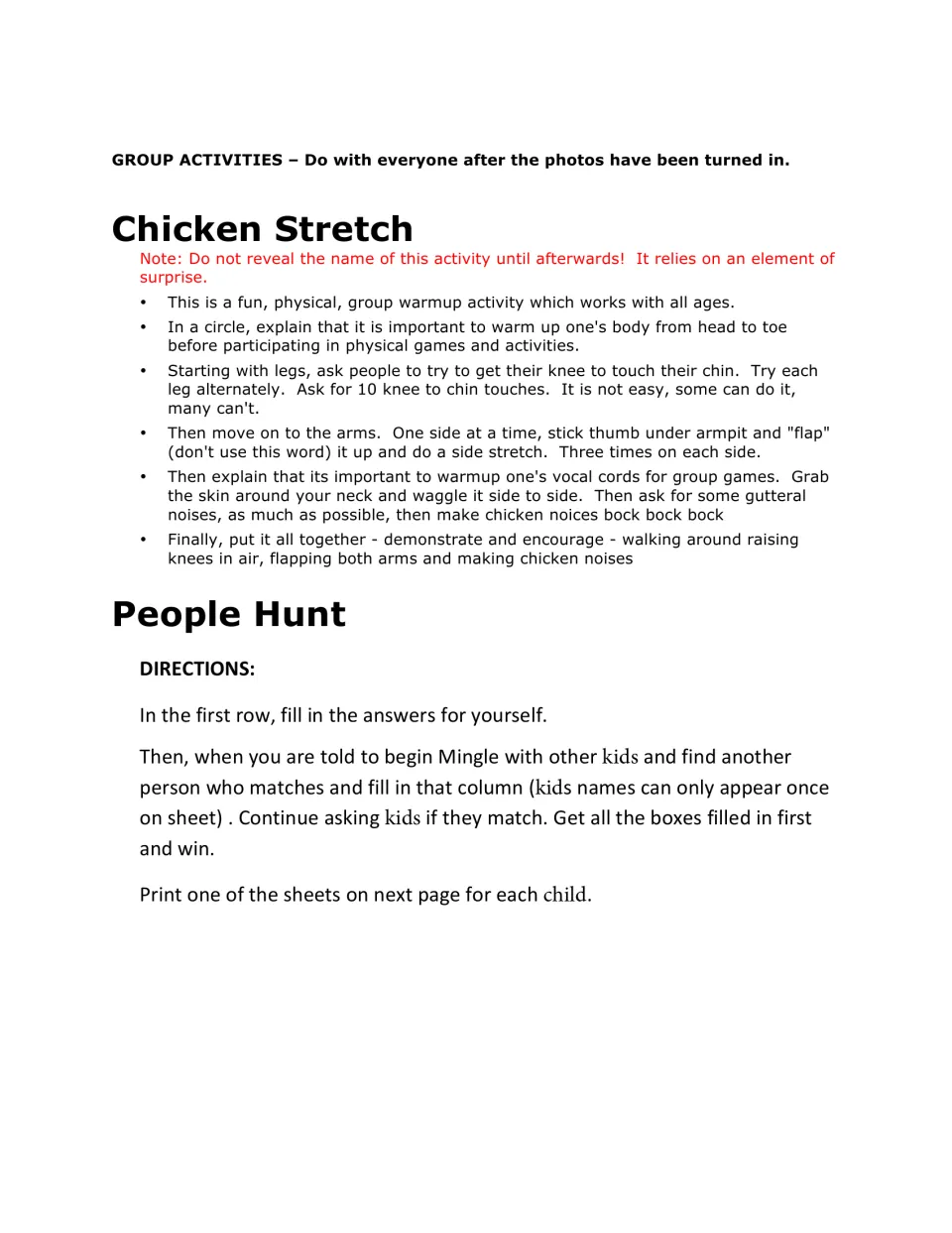 Group activities after the hunt: Chicken Stretch warm-up steps and People Hunt directions for finding matches