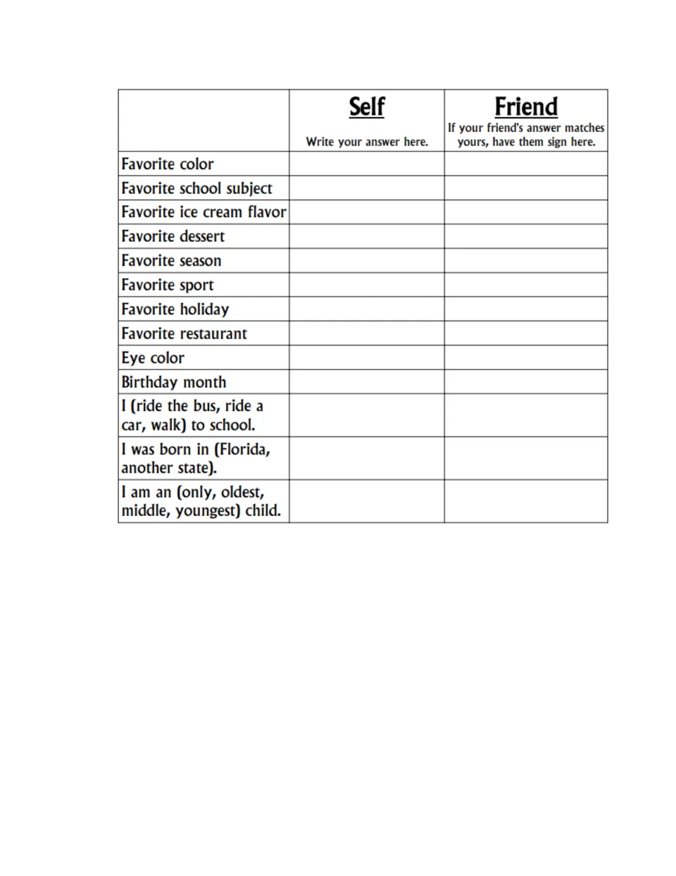 People Hunt sheet: answer favorites like color, sport and season under Self, then find a matching friend to sign