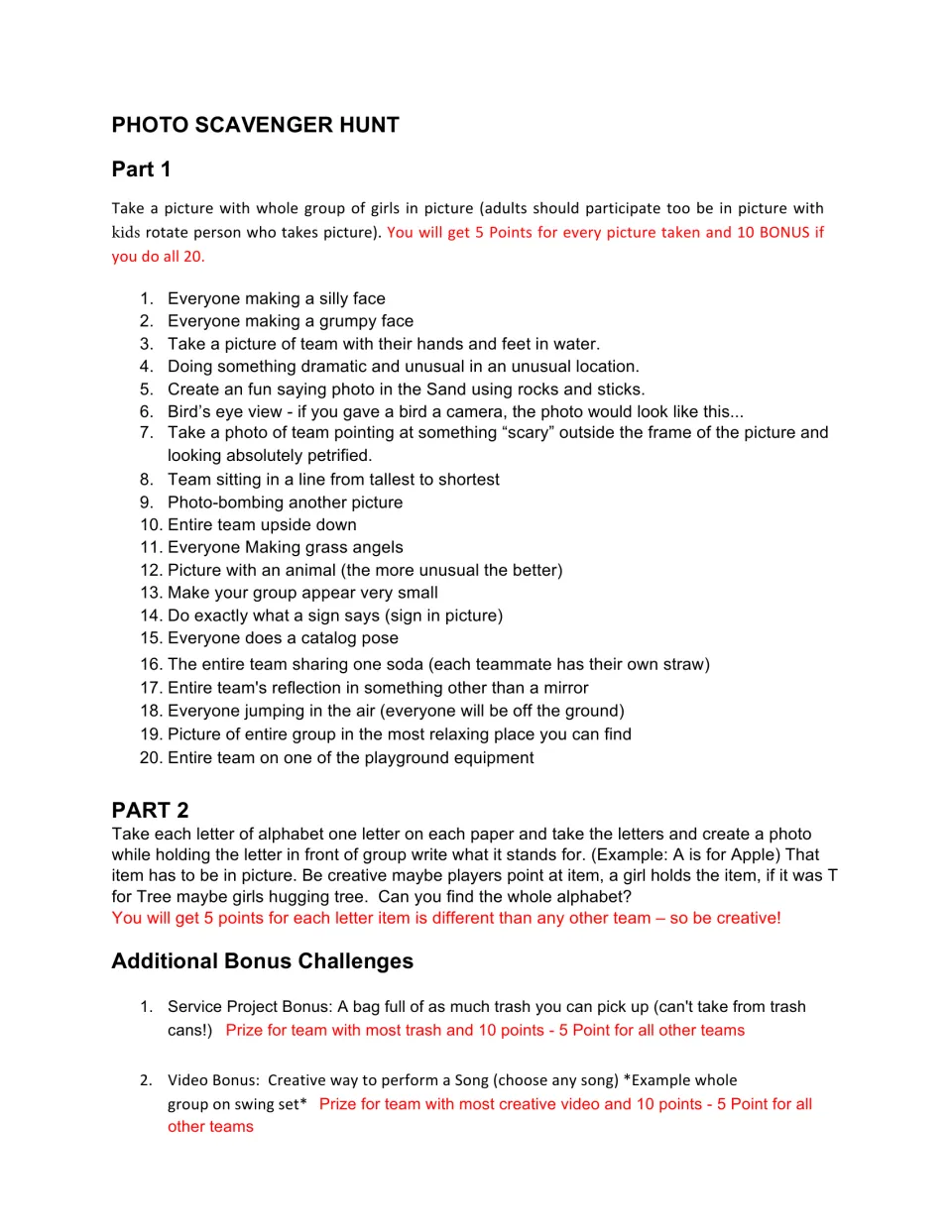 Hunt task list: 20 team photo challenges such as grass angels, A to Z letter photos, and trash and song bonuses