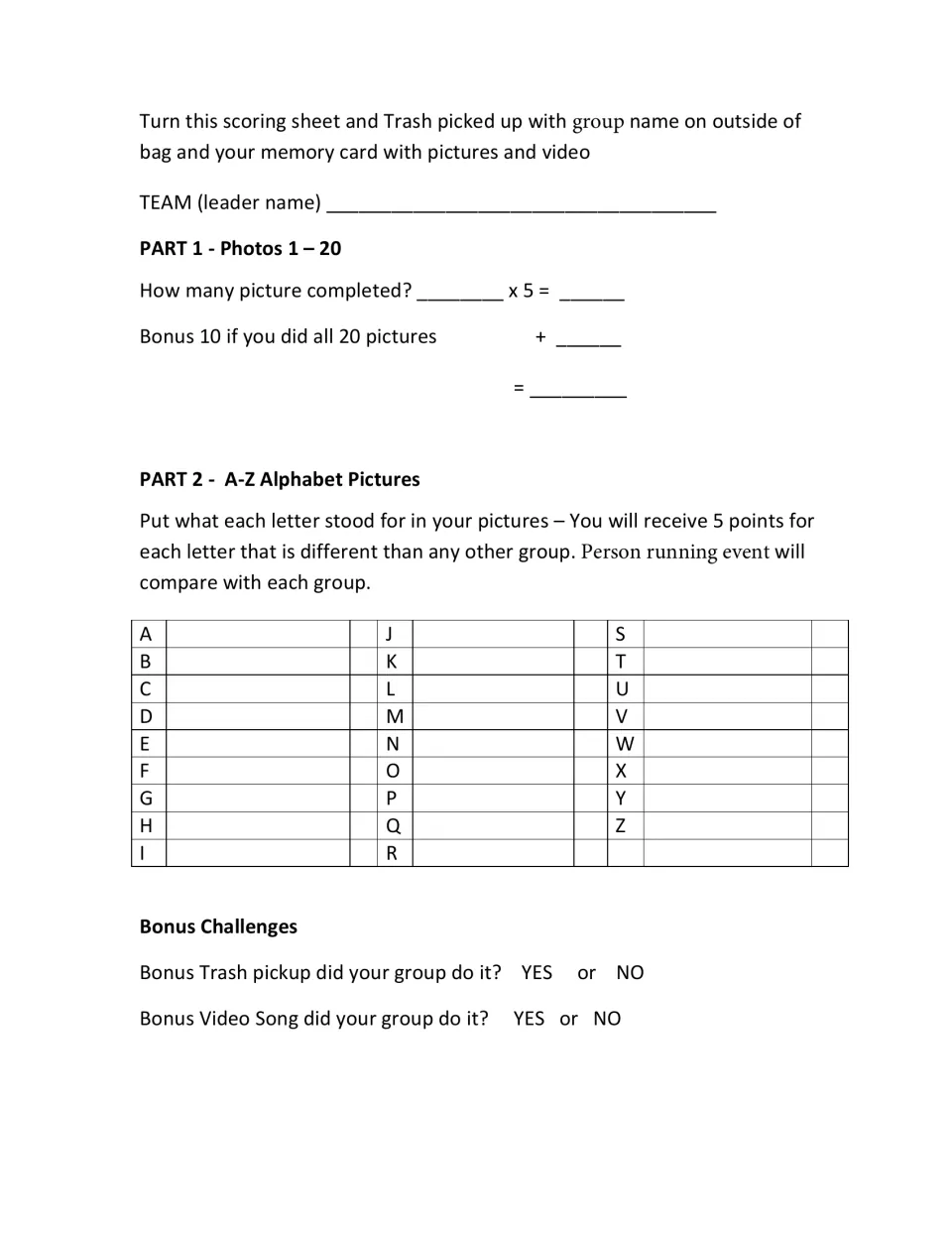 Team score sheet: tally Part 1 photos at 5 points each, list what each letter A to Z stood for, mark bonuses
