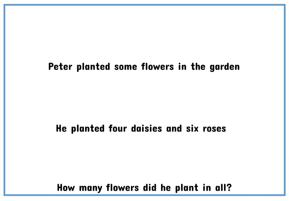 Text-only flower addition problem: Peter plants four daisies and six roses; how many did he plant in all?