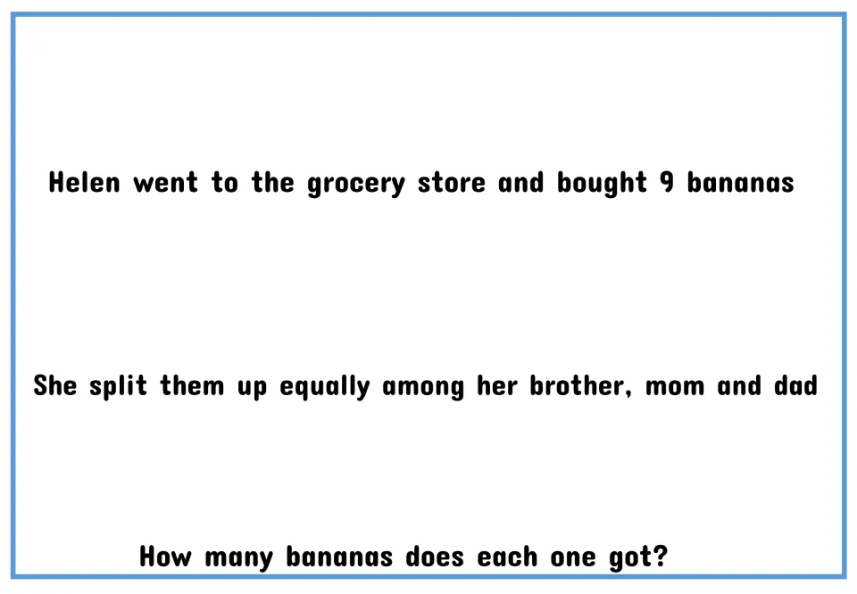 Reworded text-only problem: Helen bought 9 bananas and split them up equally among her brother, mom and dad