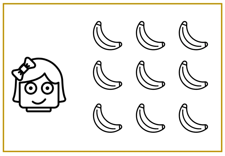 Counting support: Helen beside nine banana pictures in three rows of three for students to count before dividing