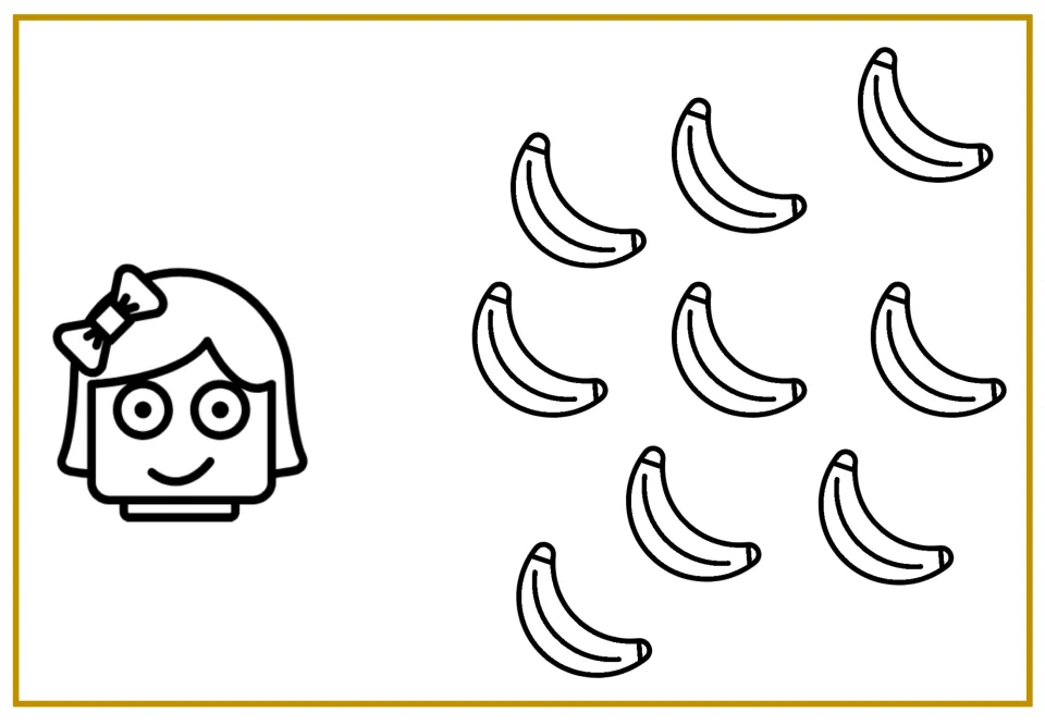 Equal sharing setup: Helen next to nine scattered bananas; students count the set and plan equal groups