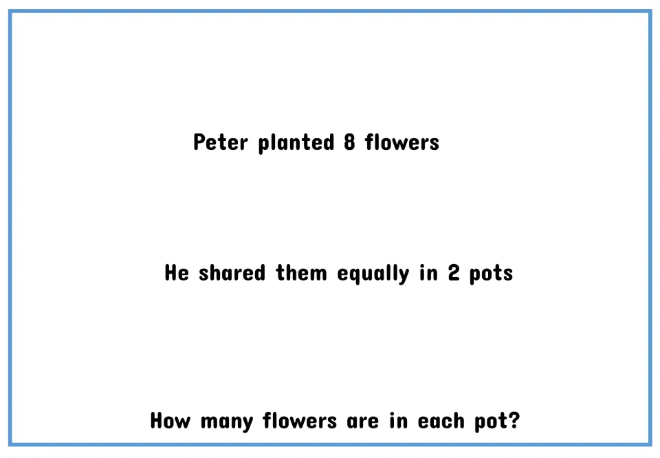 Reworded text: Peter planted 8 flowers and shared them equally in 2 pots; students find how many flowers are in each pot