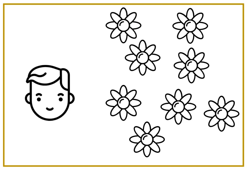 Counting support: Peter beside 8 scattered flowers for students to count before sharing them between the two pots