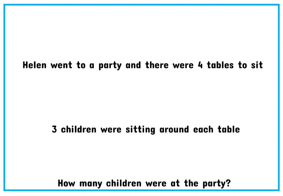 Numeral version of the party problem: Helen sees 4 tables to sit at and 3 children sit around each; how many at the party?