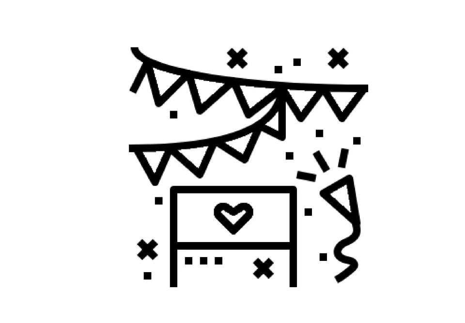 Party symbol card: bunting flags, confetti, a party popper and a banner with a heart, used to stand for the word party