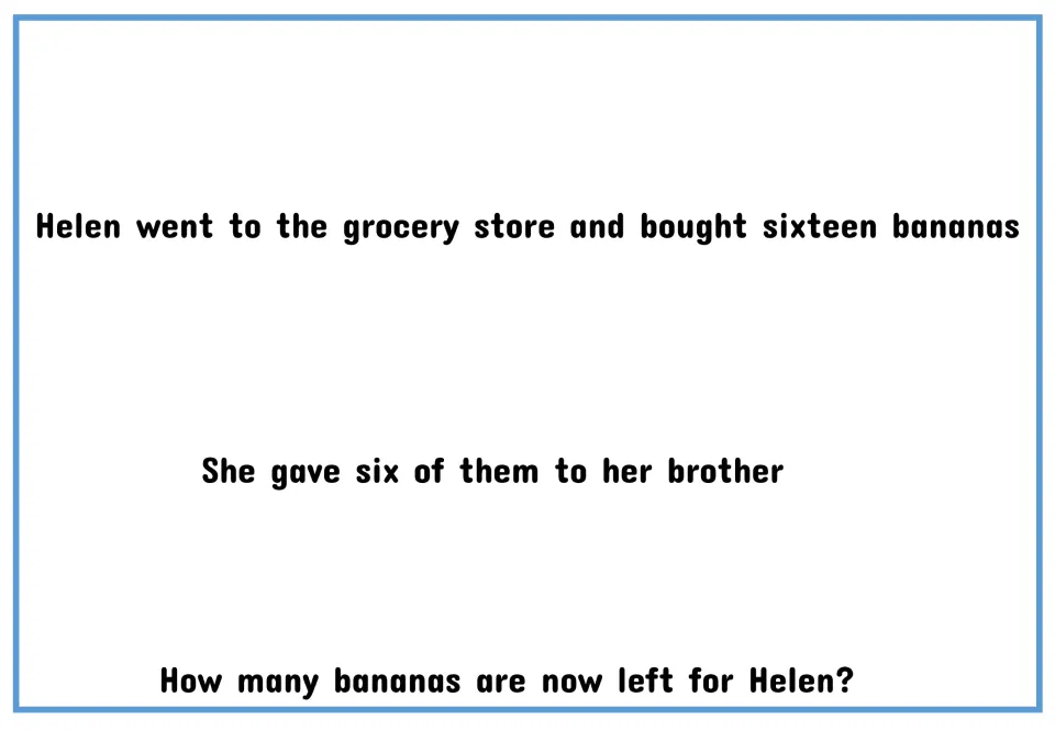 Text-only subtraction story: Helen buys sixteen bananas and gives six to her brother. How many are left?