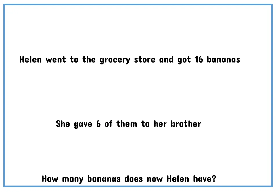 Numeral version of the text-only story: Helen gets 16 bananas and gives 6 to her brother. How many remain?