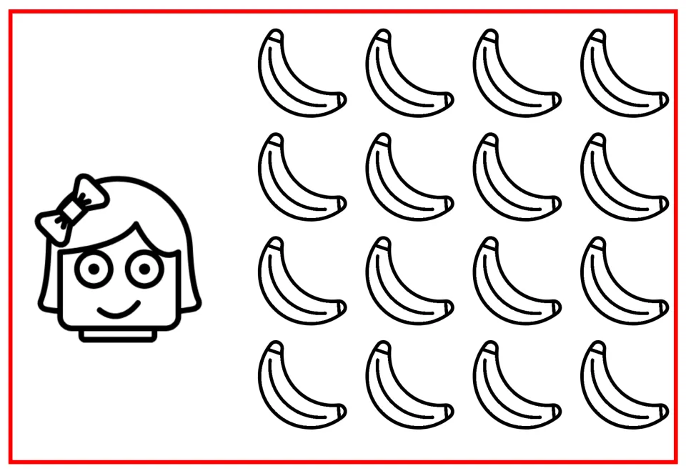 Counting picture for Helen's subtraction story shows Helen beside 16 bananas before she gives any away.