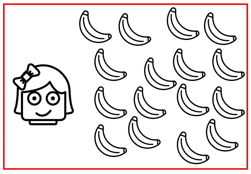 Alternate counting picture for Helen's subtraction story shows her beside 16 scattered banana pictures.