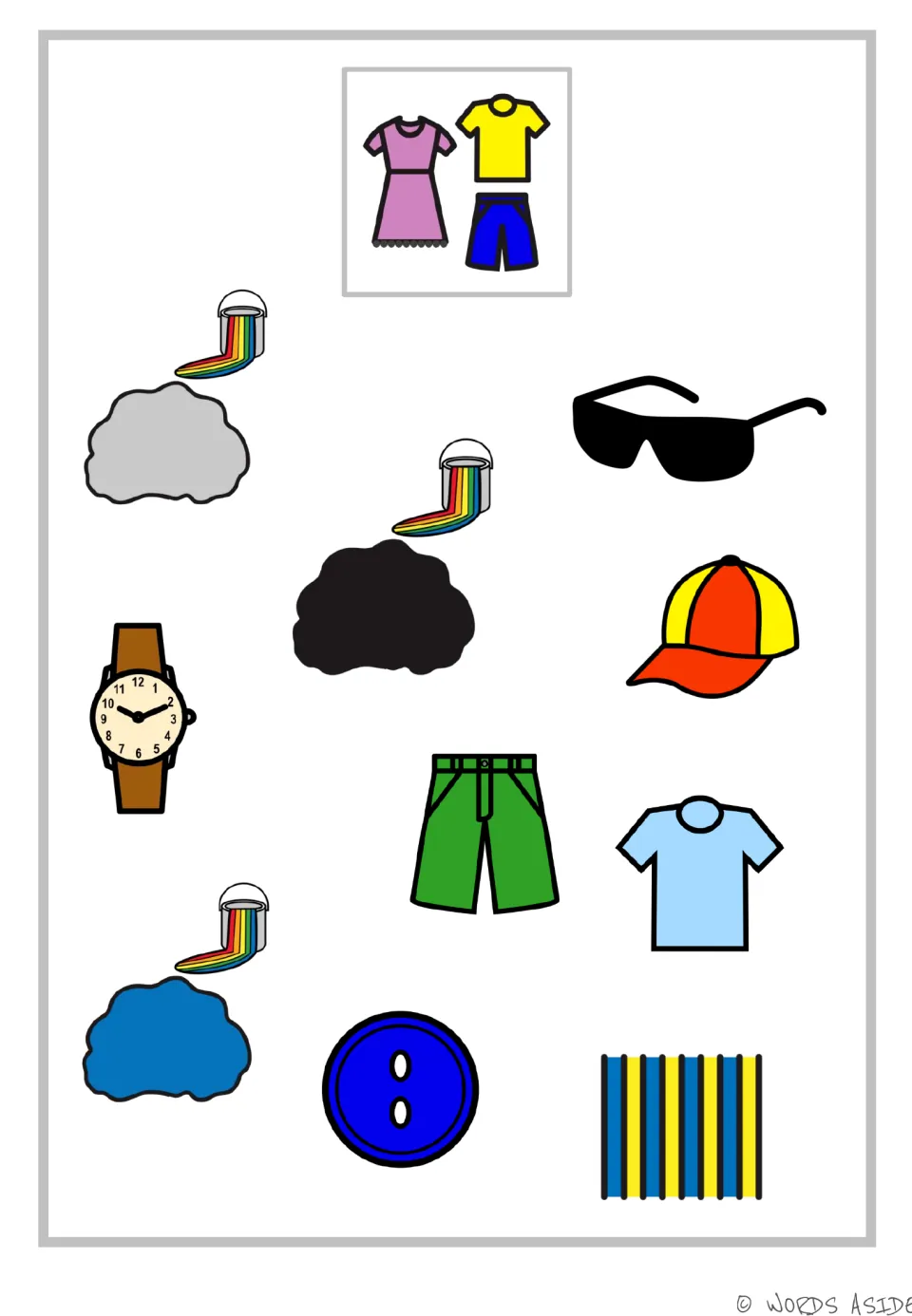 AAC clothing vocabulary page includes gray, black, blue, sunglasses, a cap, a watch, shorts, a shirt, and stripes