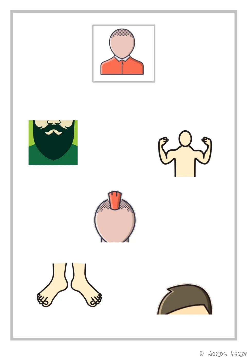 AAC appearance vocabulary page includes a beard, muscles, a mohawk, bare feet, and brown hair for description