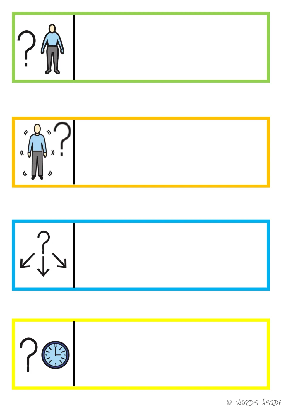 Blank AAC story response strips for who, what someone is doing, where, and when, matching completed strips 1–4
