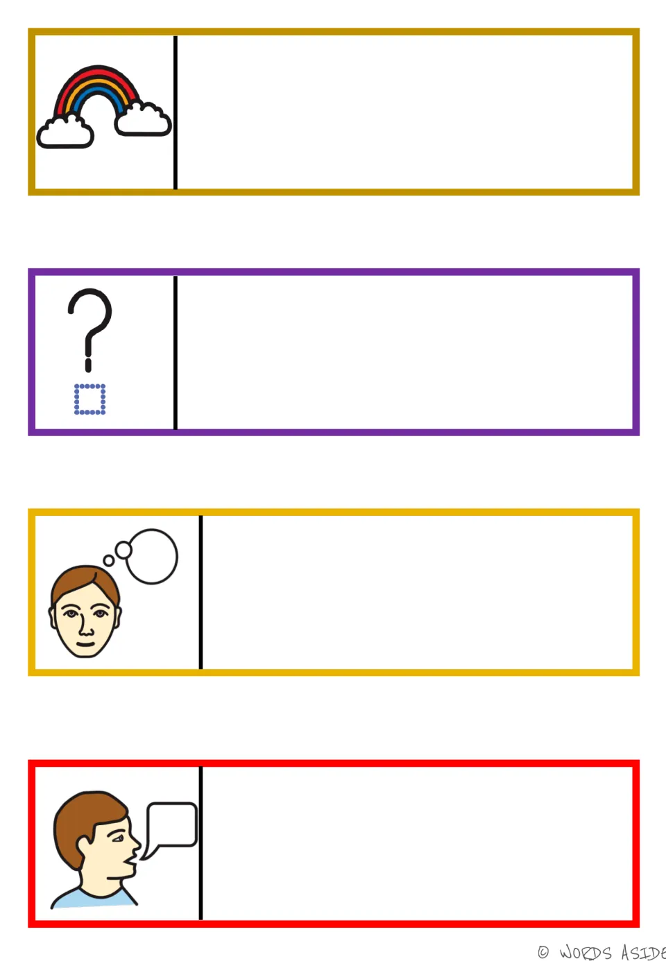 Blank AAC story response strips for weather, things in the scene, thoughts, and speech, matching strips 5–8