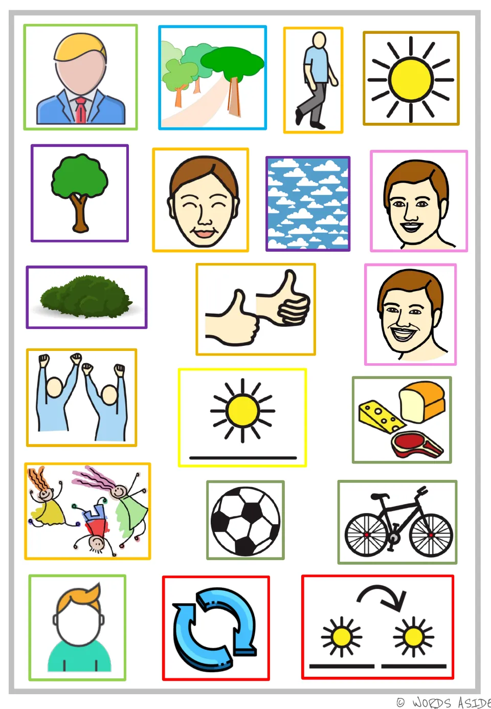 AAC story picture-card sheet with 20 response symbols, including a man, boy, park, walking, sunshine, and food