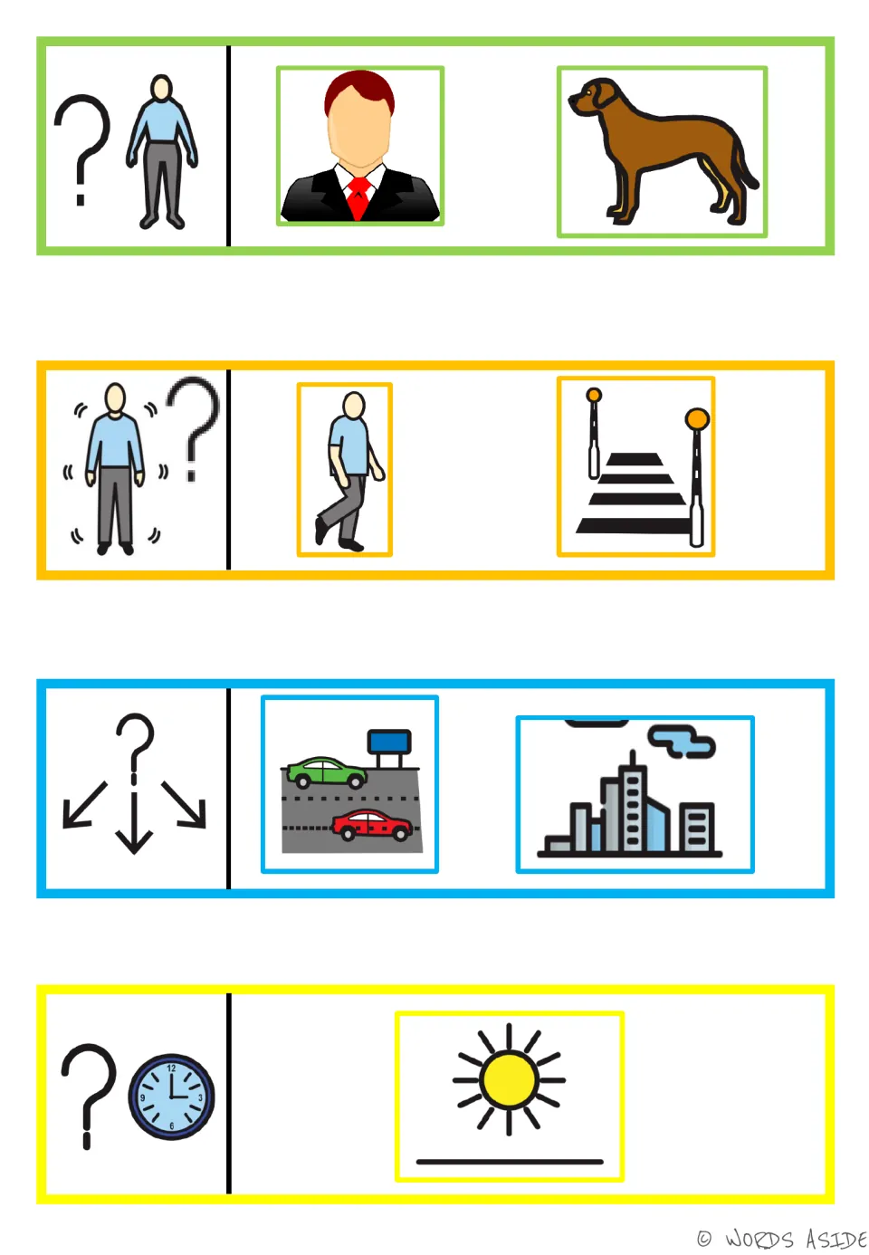 AAC story prompts for who, actions, place, and time show a man, dog, walking, crossing, road, city, and daytime
