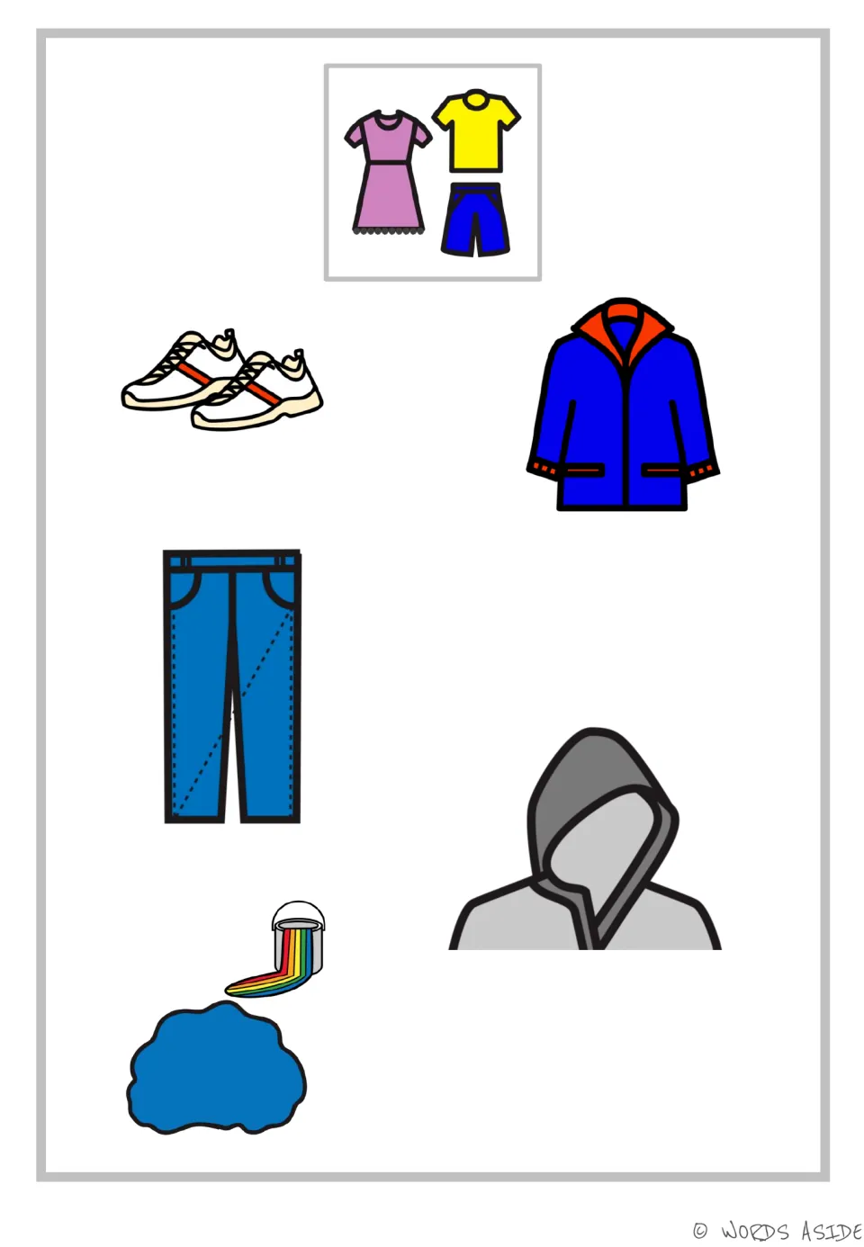 Clothing vocabulary for the AAC story includes sneakers, a coat, jeans, a hood, and the color blue
