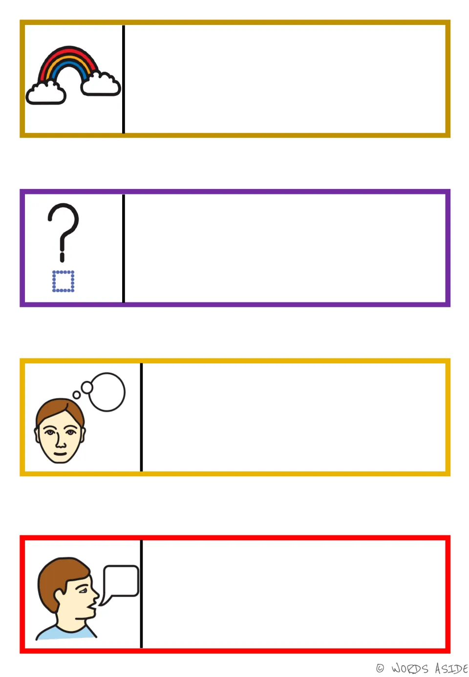 Blank AAC story prompts for weather, surroundings, thoughts, and speech let learners add story responses