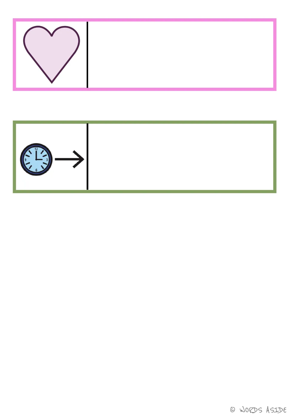 Blank AAC story prompts for feelings and what happens next use a heart and a clock with a forward arrow