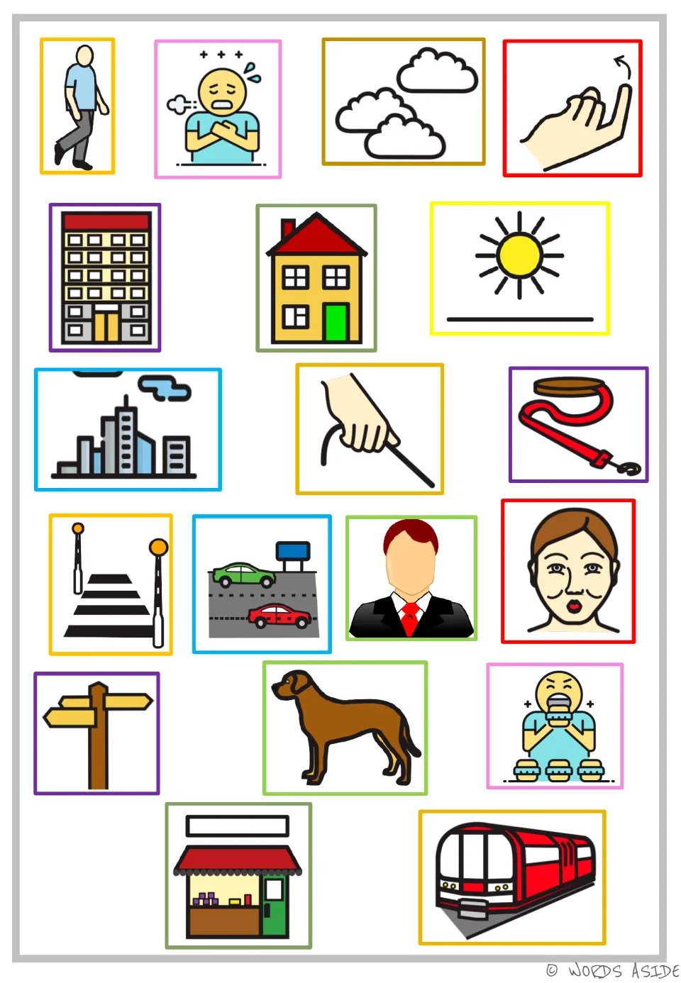 Mixed-order AAC response board has 19 story symbols, including walking, tiredness, clouds, and a house
