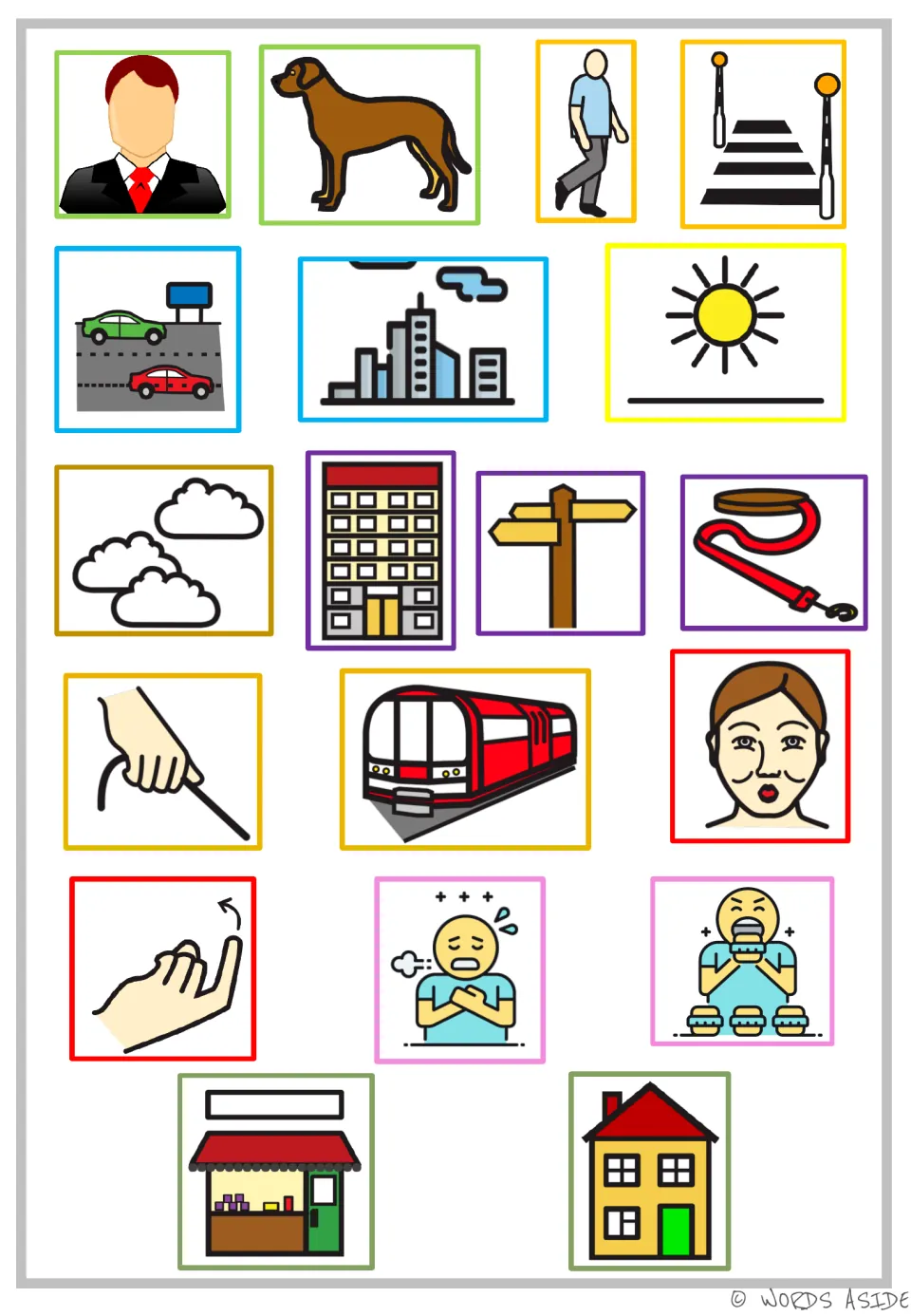 Sequential AAC response board has 19 story symbols, starting with a man, dog, walking, and a crossing
