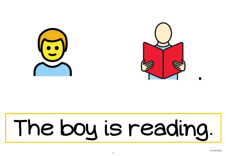 AAC sentence-building page 1 pairs boy and reading symbols with the sentence 'The boy is reading.'